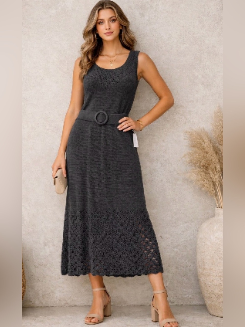 LC Lauren Conrad Sweater Midi Dress Belted Charcoal Sleeveless Large NWT